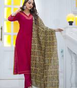 Women Viscos Weaving Straight Kurta With Pant And Dupatta Suit Set 