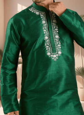 Green art silk kurta patiala for men"s 3