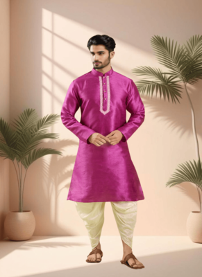 Pink art silk kurta patiala for men"s 1