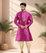 Pink art silk kurta patiala for men"s