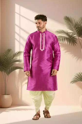Pink art silk kurta patiala for men"s