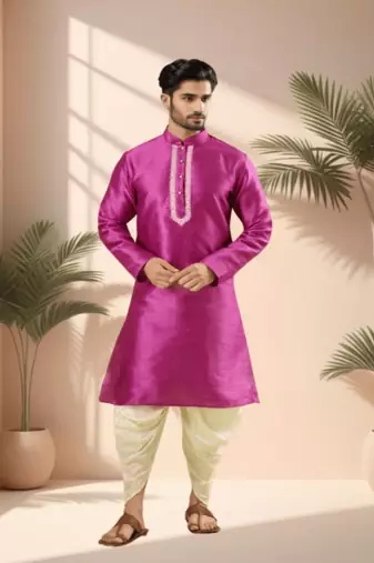 Pink art silk kurta patiala for men"s
