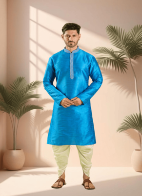 Blue art silk kurta patiala for men"s 1