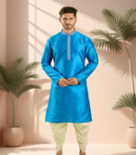 Blue art silk kurta patiala for men"s