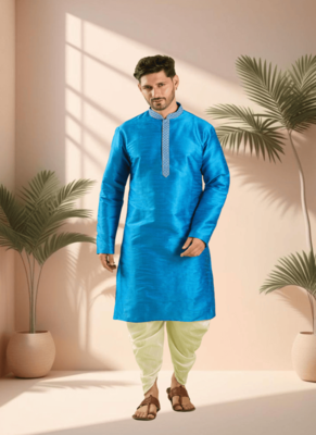 Blue art silk kurta patiala for men"s 2