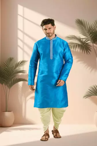 Blue art silk kurta patiala for men"s