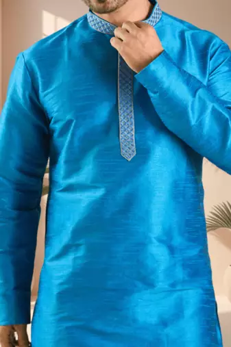Blue art silk kurta patiala for men"s