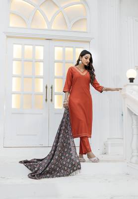 Women Viscos Weaving Straight Kurta With Pant And Dupatta Suit Set  3