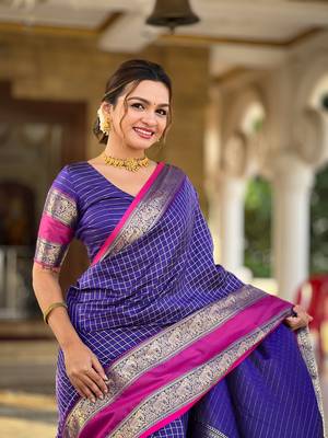 Indigo Color Art Silk Saree With Zari Weaving Chex  Design 1