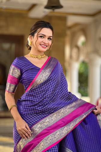 Indigo Color Art Silk Saree With Zari Weaving Chex  Design