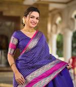 Indigo Color Art Silk Saree With Zari Weaving Chex  Design