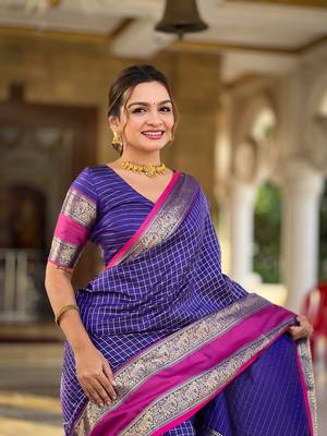Indigo Color Art Silk Saree With Zari Weaving Chex  Design 2