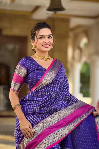 Indigo Color Art Silk Saree With Zari Weaving Chex  Design