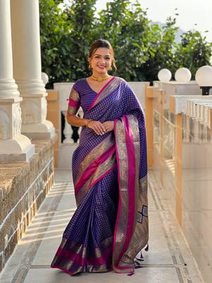 Indigo Color Art Silk Saree With Zari Weaving Chex  Design 3