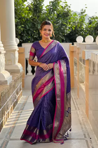 Indigo Color Art Silk Saree With Zari Weaving Chex  Design