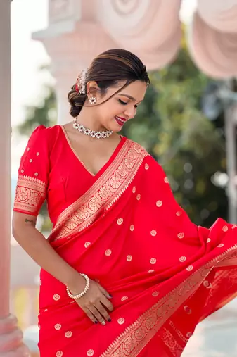 Red Color Banarasi Art Silk Saree With Zari Weaving  Motif Design