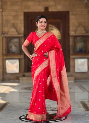 Red Color Banarasi Art Silk Saree With Zari Weaving  Motif Design 1