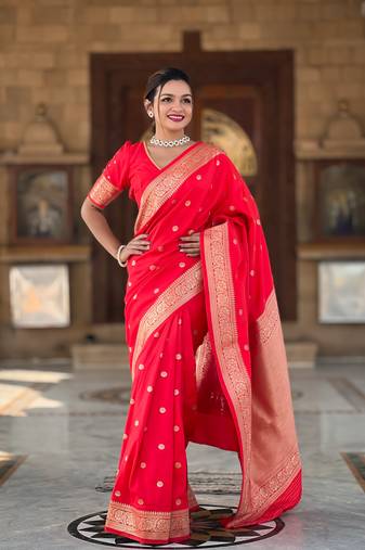 Red Color Banarasi Art Silk Saree With Zari Weaving  Motif Design