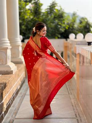 Red Color Banarasi Art Silk Saree With Zari Weaving  Motif Design 5
