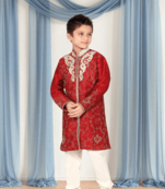 Off white churidar maroon kurta for kid"s