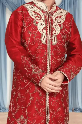 Off white churidar maroon kurta for kid"s