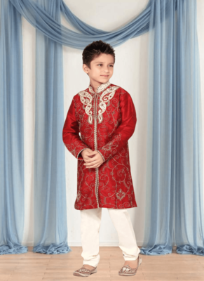 Off white churidar maroon kurta for kid"s 3