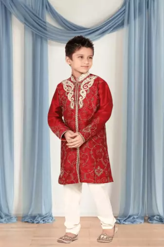 Off white churidar maroon kurta for kid"s