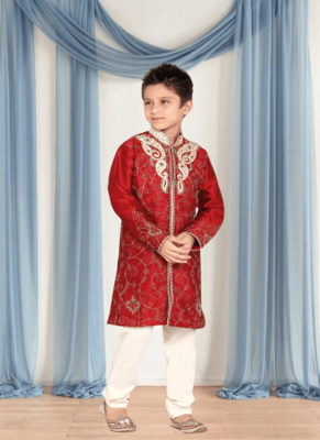 Off white churidar maroon kurta for kid"s 4