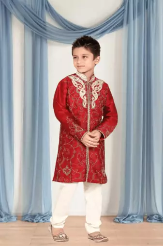 Off white churidar maroon kurta for kid"s