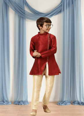 Fawn churidar maroon kurta for kid"s 1