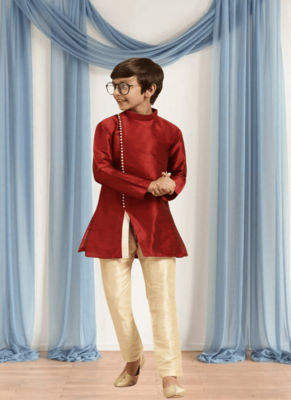 Fawn churidar maroon kurta for kid"s 4