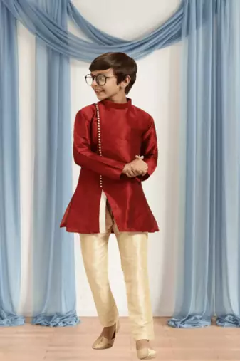 Fawn churidar maroon kurta for kid"s