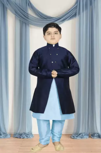 Sky blue churidar blue indo sherwani for kid"s