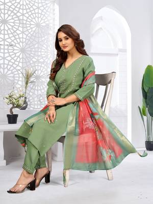 Pista color viscose vertican fabric  embroidery work kurta set with digital printed jaquard dupatta 1