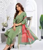 Pista color viscose vertican fabric  embroidery work kurta set with digital printed jaquard dupatta