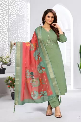 Pista color viscose vertican fabric  embroidery work kurta set with digital printed jaquard dupatta
