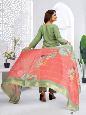 Pista color viscose vertican fabric  embroidery work kurta set with digital printed jaquard dupatta 3