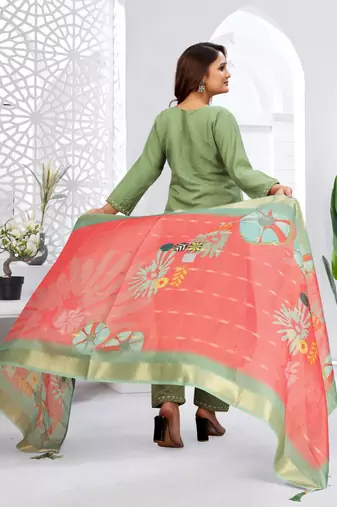 Pista color viscose vertican fabric  embroidery work kurta set with digital printed jaquard dupatta