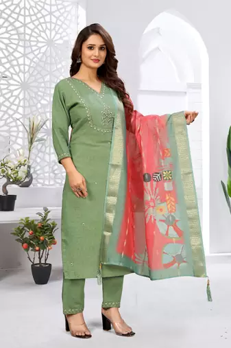 Pista color viscose vertican fabric  embroidery work kurta set with digital printed jaquard dupatta
