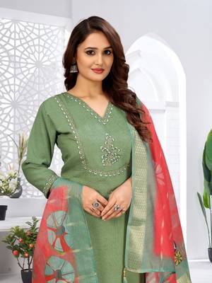 Pista color viscose vertican fabric  embroidery work kurta set with digital printed jaquard dupatta 5