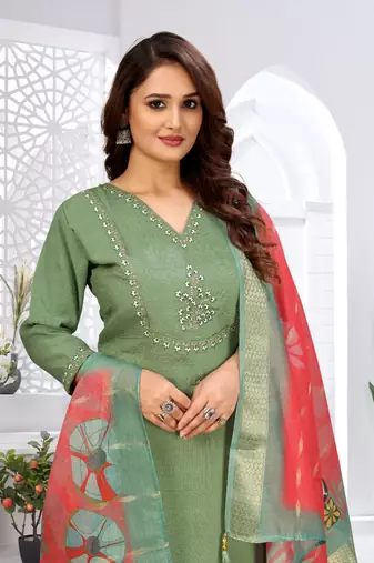 Pista color viscose vertican fabric  embroidery work kurta set with digital printed jaquard dupatta