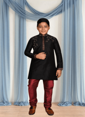 Maroon churidar black kurta for kid"s 1