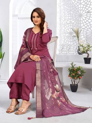 Wine color viscose vertican fabric embroidery work kurta set with digital printed jaquard dupatta 1