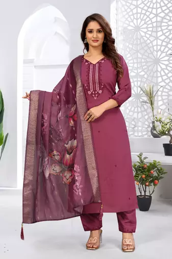 Wine color viscose vertican fabric embroidery work kurta set with digital printed jaquard dupatta