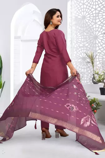 Wine color viscose vertican fabric embroidery work kurta set with digital printed jaquard dupatta