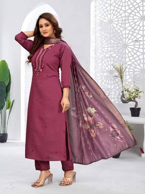 Wine color viscose vertican fabric embroidery work kurta set with digital printed jaquard dupatta 4
