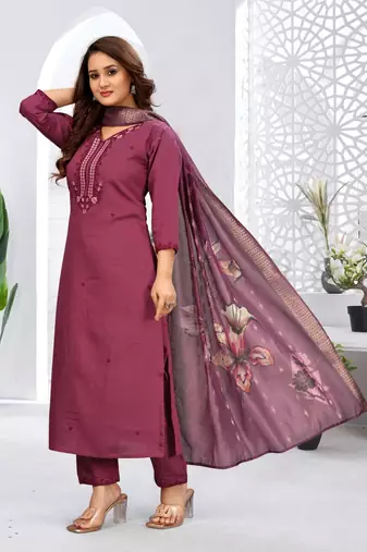 Wine color viscose vertican fabric embroidery work kurta set with digital printed jaquard dupatta