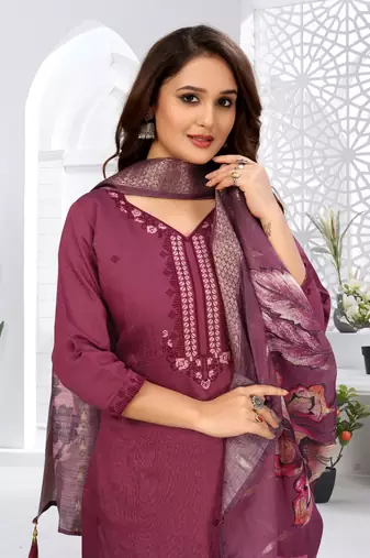Wine color viscose vertican fabric embroidery work kurta set with digital printed jaquard dupatta