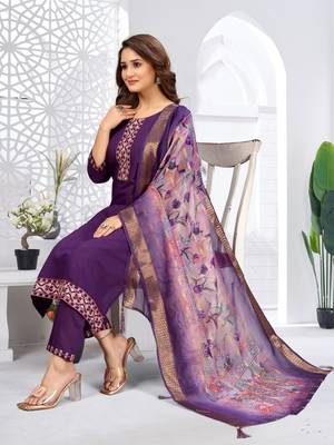 Purple color viscose vertican fabric embroidery work kurta set with digital printed jaquard dupatta 1
