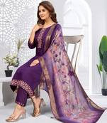 Purple color viscose vertican fabric embroidery work kurta set with digital printed jaquard dupatta